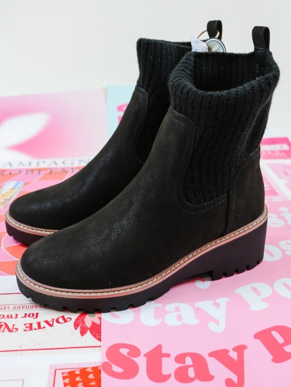 NWOT Women's MIA Kara Black Suede Chelsea Boot with Knit Shaft - Picture 2 of 7